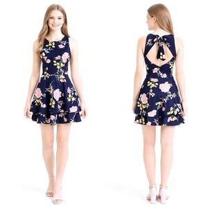 NWT B. Darlin‎ Juniors Tiered Floral Fit & Flare Dress Navy Blue Open Back 5/6